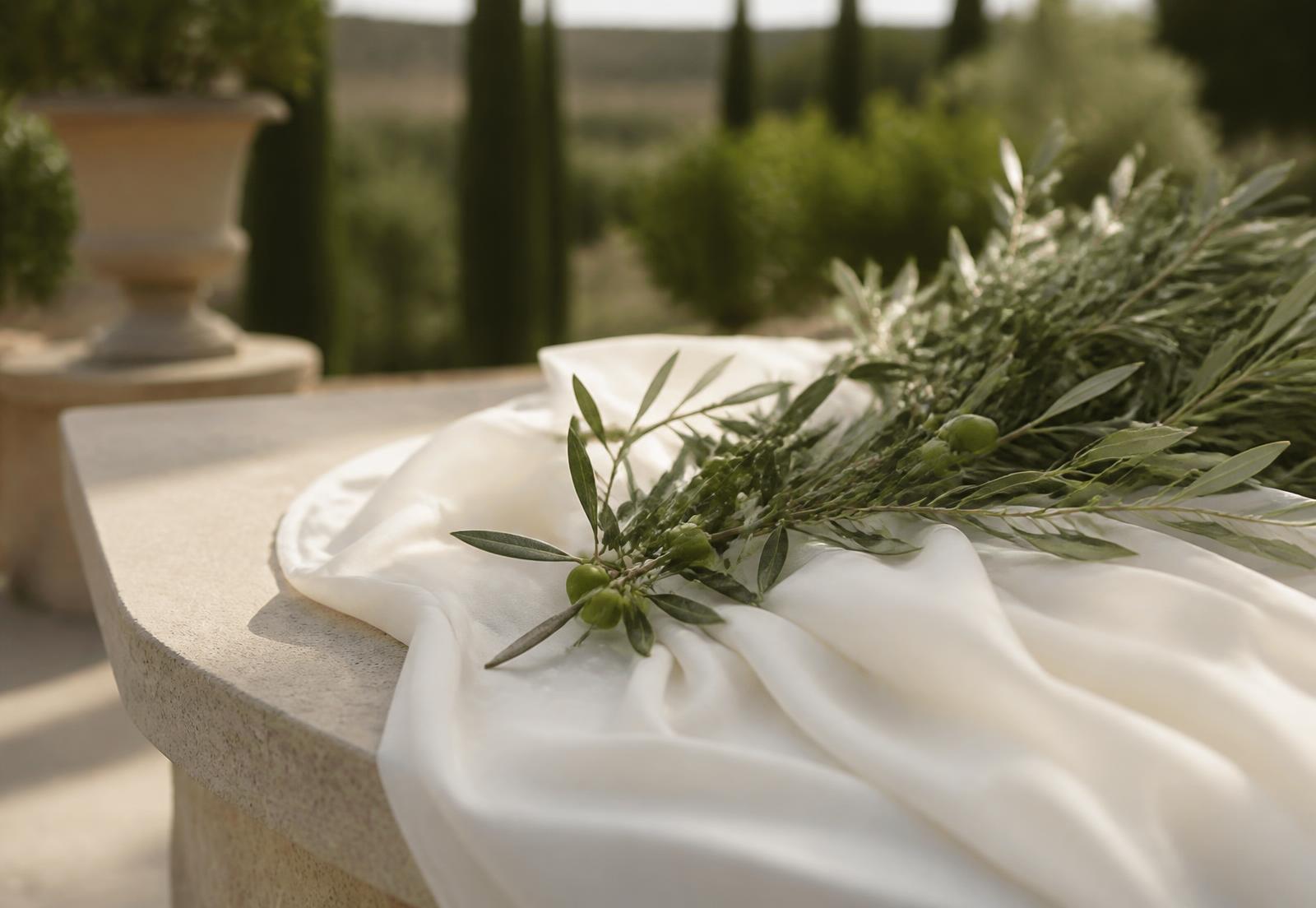 Détail de mariage en Provence : soie ivoire et rameaux d’olivier sur une table en pierre